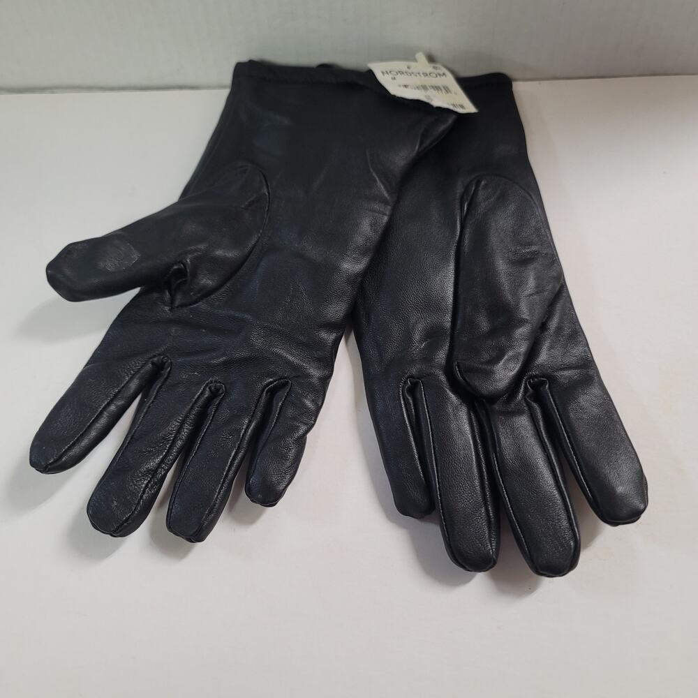 Nordstrom Black Leather Shearling GLOVES Side Slit LARGE Winter Driving NEW $88